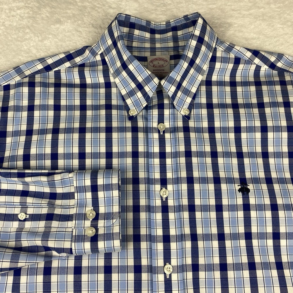 Brooks Brothers Shirt Mens Large Blue Plaid‎ Madison Fit No Iron Embroidered